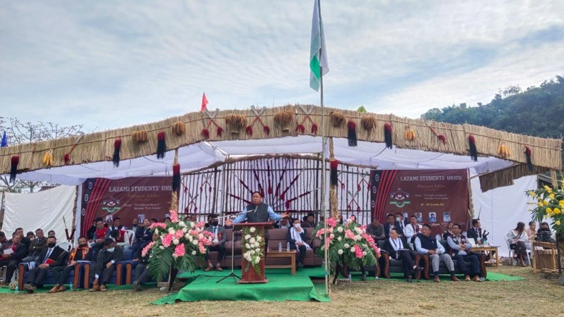 Minister for Agriculture and Cooperation, G Kaito Aye addresses the inaugural platinum jubilee celebration of the Lazami Students' Union on December 29 at Lazami. (Photo Courtesy: LSU)